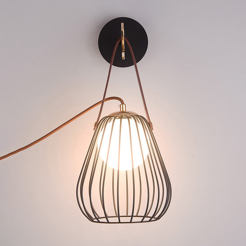 Minimalist Black Led Wall Sconce With Leather Handle - Pear Cage Iron Design