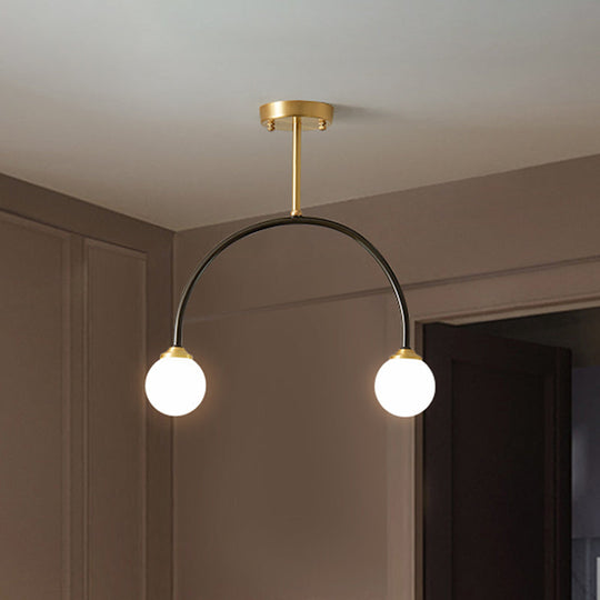 Arced Minimal 2-Bulb LED Flush Ceiling Lamp – Brass & Black – Restaurant Semi Mount Lighting