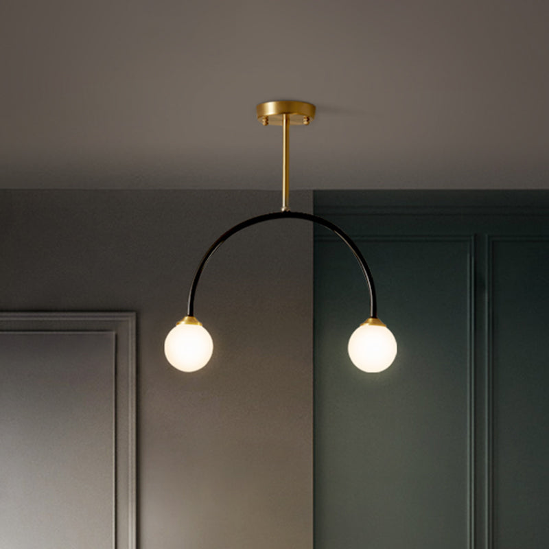 Arced Minimal 2-Bulb LED Flush Ceiling Lamp – Brass & Black – Restaurant Semi Mount Lighting