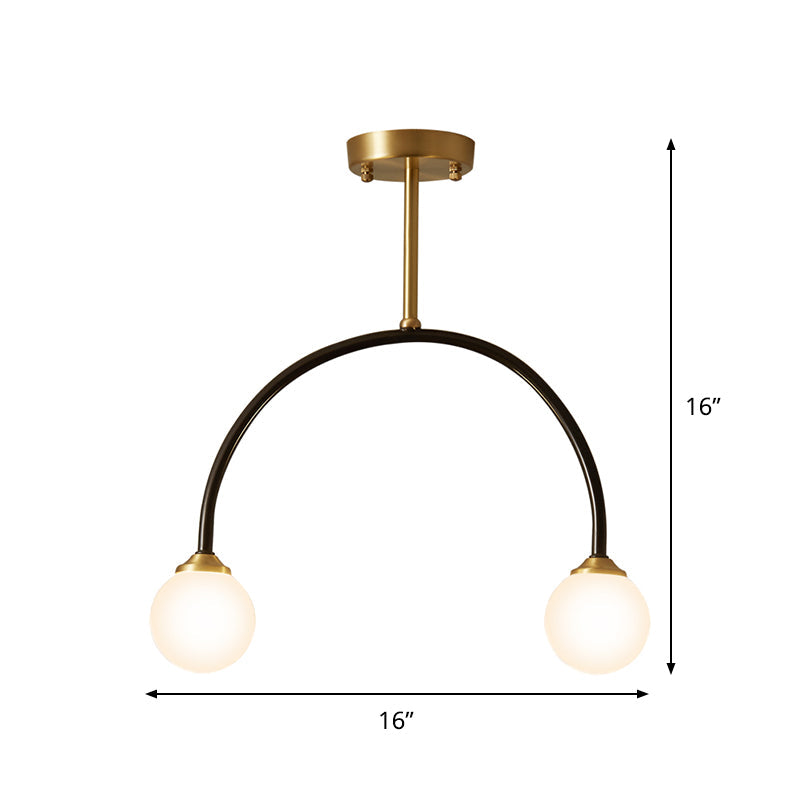 Arced Minimal 2-Bulb LED Flush Ceiling Lamp – Brass & Black – Restaurant Semi Mount Lighting