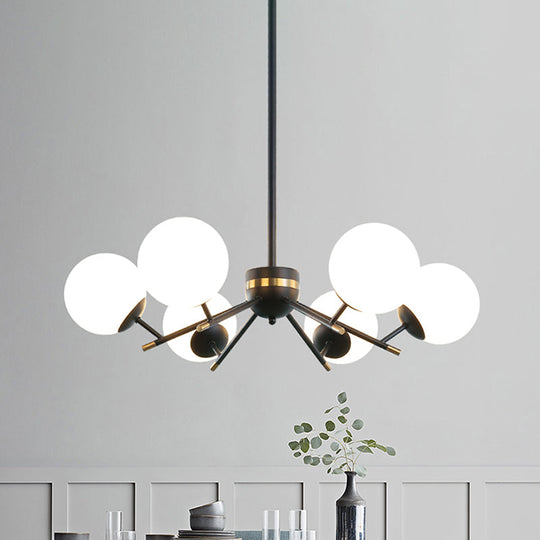 Modern Black Ball Chandelier with 6 Bulbs & White Frosted Glass Pendulum