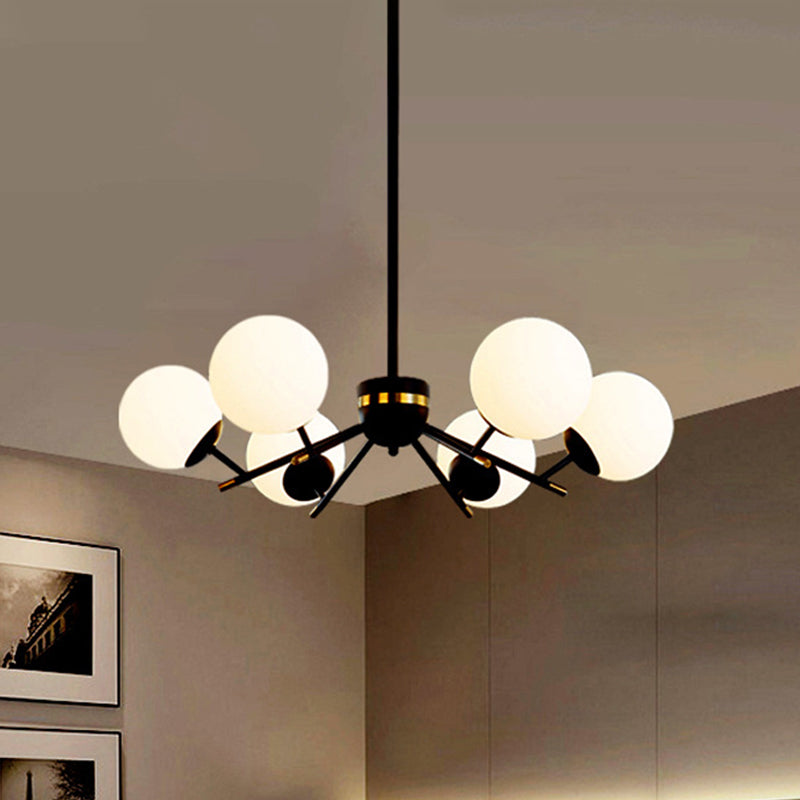 Modern Black Ball Chandelier with 6 Bulbs & White Frosted Glass Pendulum