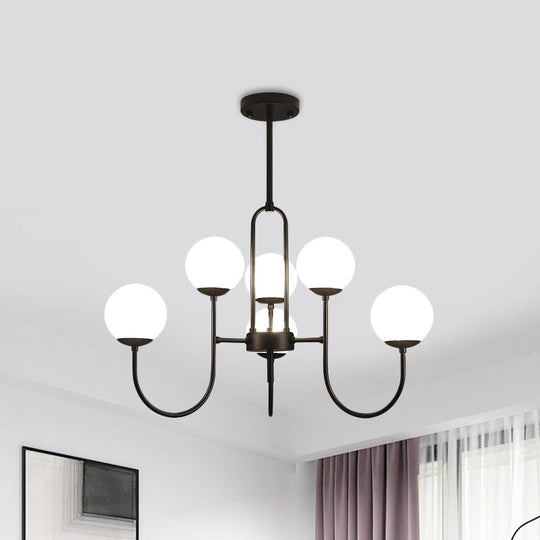 Modern Arced Arm Iron Chandelier Light Fixture - Black Finish, 6/9-Head Pendulum Lamp with Milk White Glass Shade