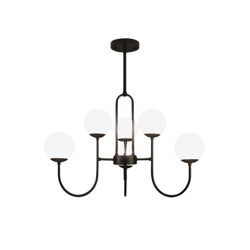 Modern Arced Arm Iron Chandelier Light Fixture - Black Finish, 6/9-Head Pendulum Lamp with Milk White Glass Shade