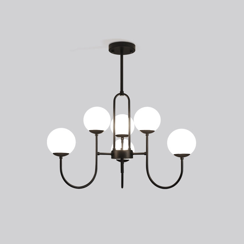 Modern Arced Arm Iron Chandelier Light Fixture - Black Finish, 6/9-Head Pendulum Lamp with Milk White Glass Shade