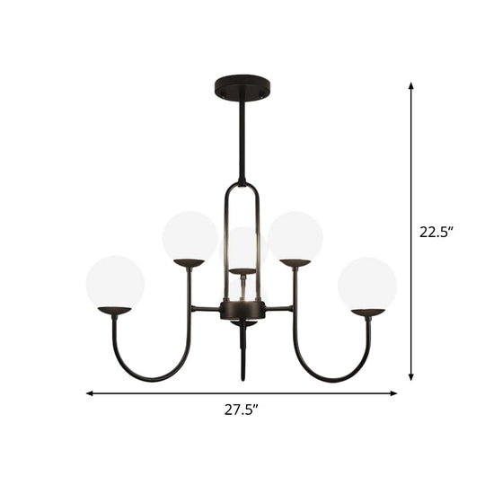 Modern Arced Arm Iron Chandelier Light Fixture - Black Finish, 6/9-Head Pendulum Lamp with Milk White Glass Shade