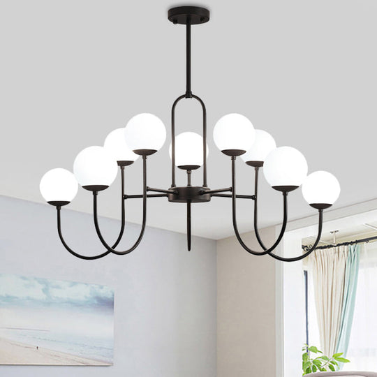 Modern Arced Arm Iron Chandelier Light Fixture - Black Finish, 6/9-Head Pendulum Lamp with Milk White Glass Shade