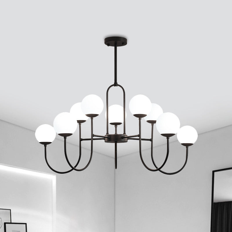 Modern Arced Arm Iron Chandelier Light Fixture - Black Finish, 6/9-Head Pendulum Lamp with Milk White Glass Shade