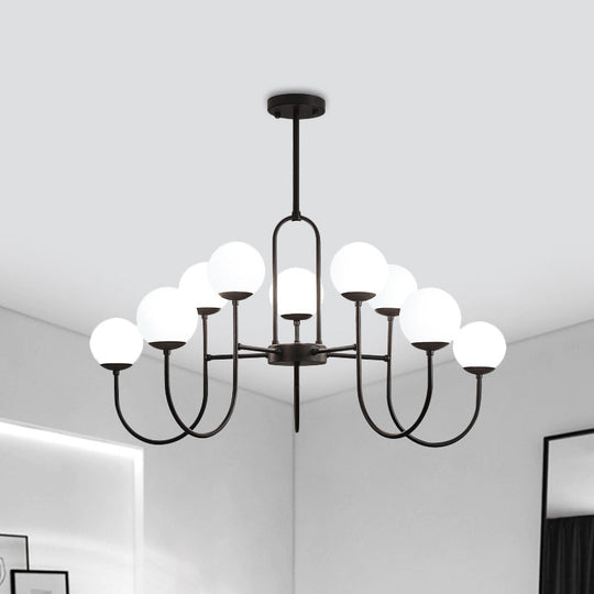 Modern Iron Chandelier Light Fixture With Milk White Glass Shades - Black Finish 6/9-Head