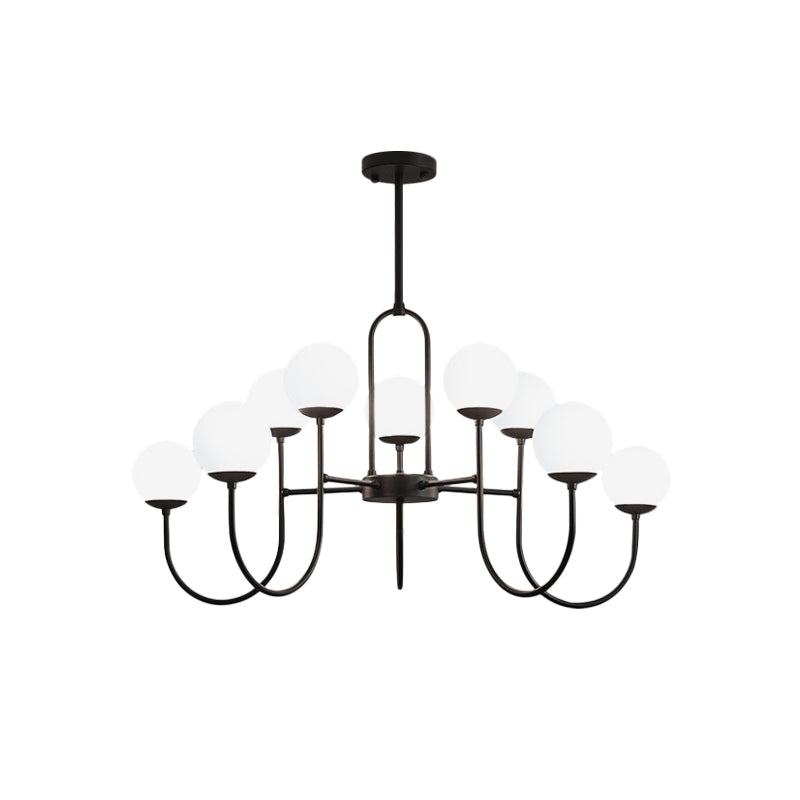 Modern Arced Arm Iron Chandelier Light Fixture - Black Finish, 6/9-Head Pendulum Lamp with Milk White Glass Shade