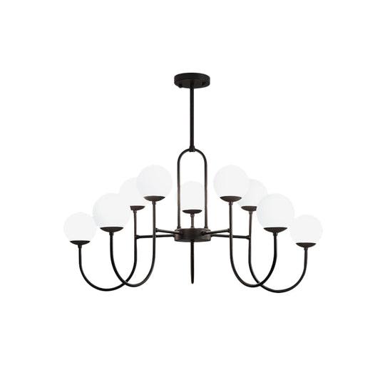 Modern Arced Arm Iron Chandelier Light Fixture - Black Finish, 6/9-Head Pendulum Lamp with Milk White Glass Shade