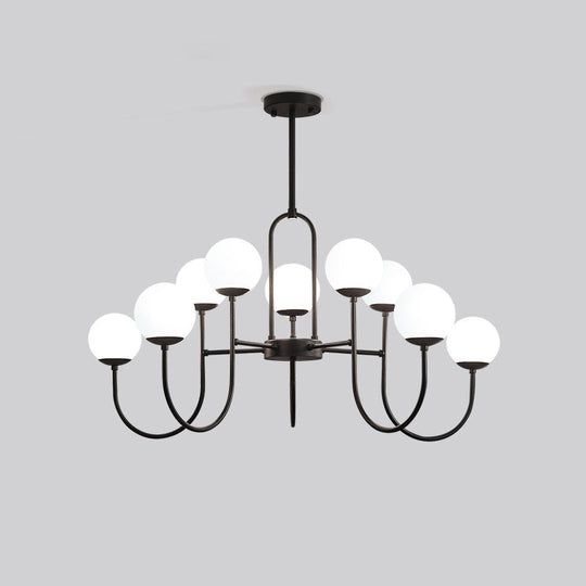 Modern Arced Arm Iron Chandelier Light Fixture - Black Finish, 6/9-Head Pendulum Lamp with Milk White Glass Shade