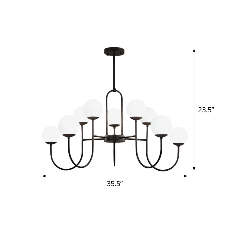 Modern Arced Arm Iron Chandelier Light Fixture - Black Finish, 6/9-Head Pendulum Lamp with Milk White Glass Shade