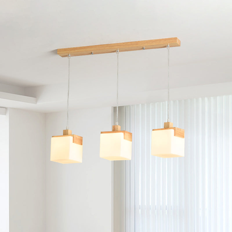 Modern 3-Head Wooden Cube Pendant Light With Led White Glass Shade