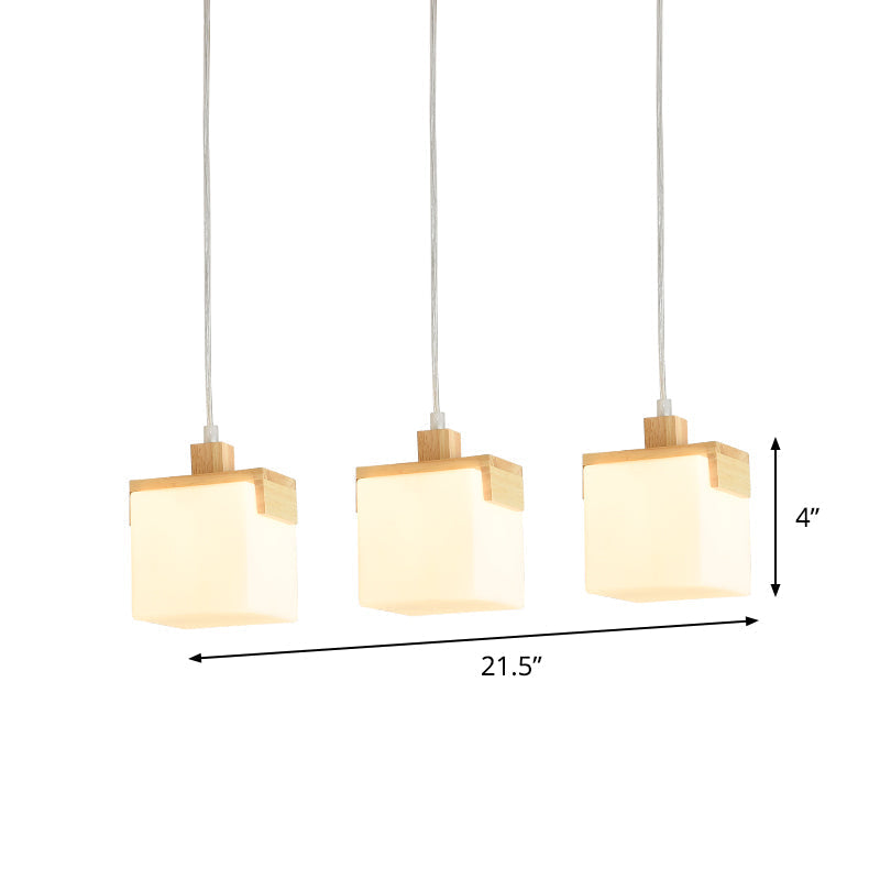 Wood Cube LED Pendant Light with Modernist Design, 3 Heads, White Glass Shade