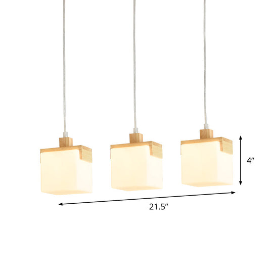 Wood Cube LED Pendant Light with Modernist Design, 3 Heads, White Glass Shade