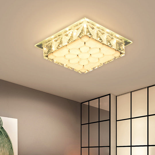 Modern LED Flush Mount Bedroom Ceiling Light with Etched Petal Design and Clear Crystal Shade