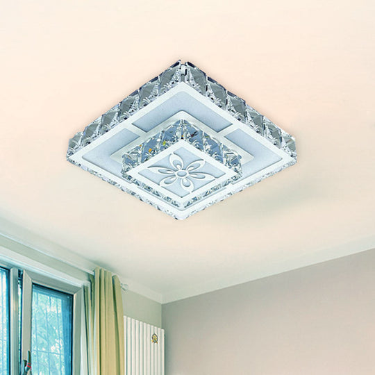 2-Layered Crystal White Flush Mount Lamp: Square LED Ceiling Light with Flower Pattern in Warm/White Light