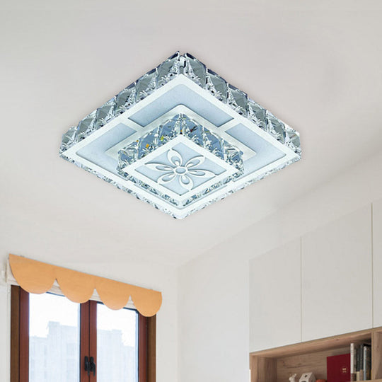 2-Layered Crystal White Flush Mount Lamp: Square LED Ceiling Light with Flower Pattern in Warm/White Light