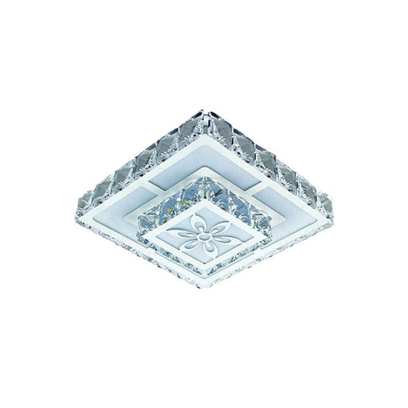 2-Layered Crystal White Flush Mount Lamp: Square LED Ceiling Light with Flower Pattern in Warm/White Light