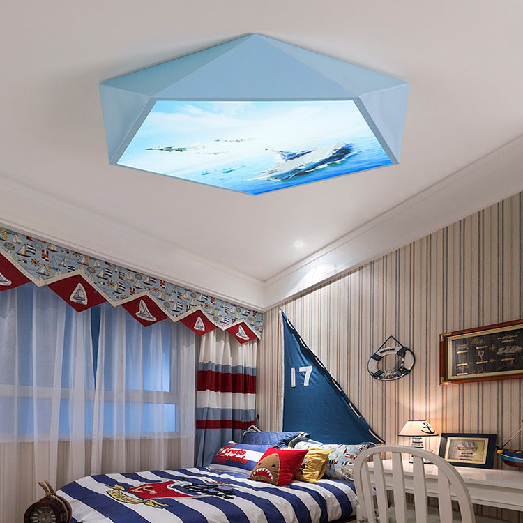 Blue Cartoon Geometry Flush Ceiling Light For Kids Bedroom / A