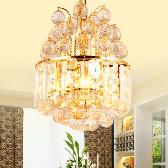 Simple Style Crystal Ball Chandelier - Round Living Room Pendant Light, 3 Heads, Gold Finish