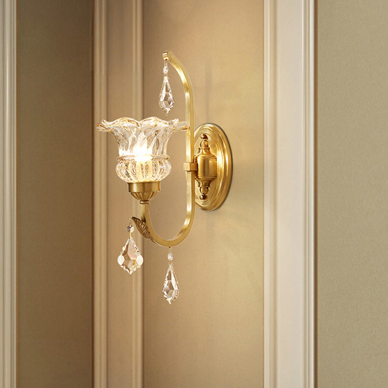 Gold Crystal Flared Wall Sconce With Twisted Arm For Dining Room