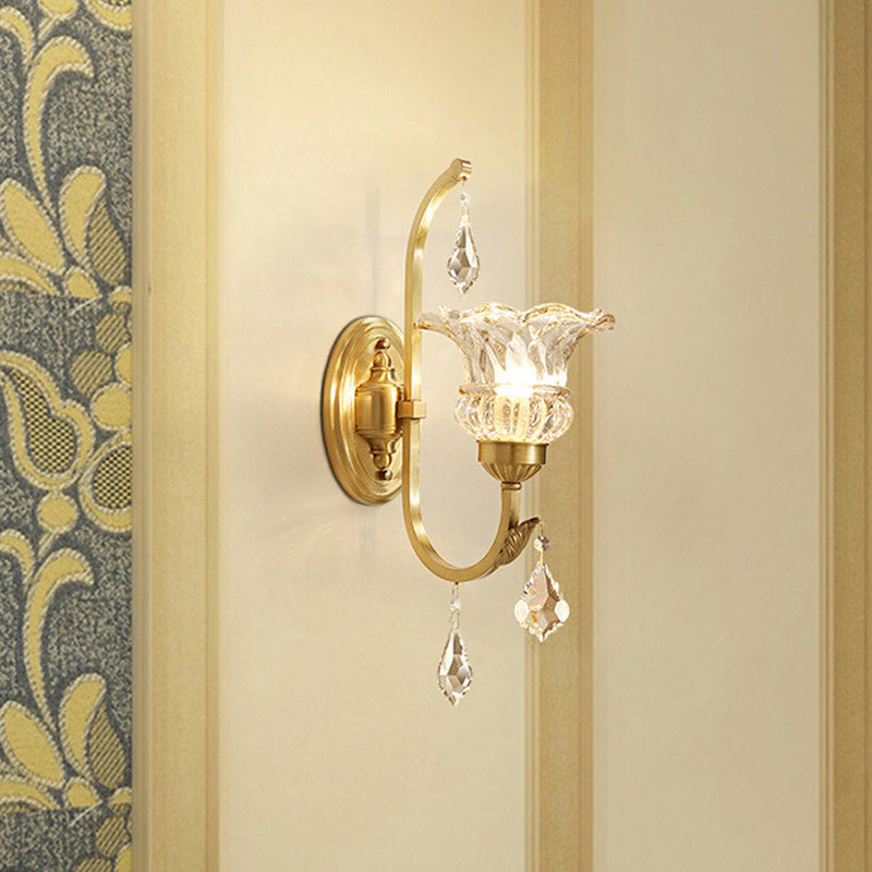 Gold Crystal Flared Wall Sconce With Twisted Arm For Dining Room