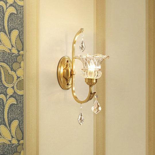 Gold Crystal Flared Wall Sconce With Twisted Arm For Dining Room