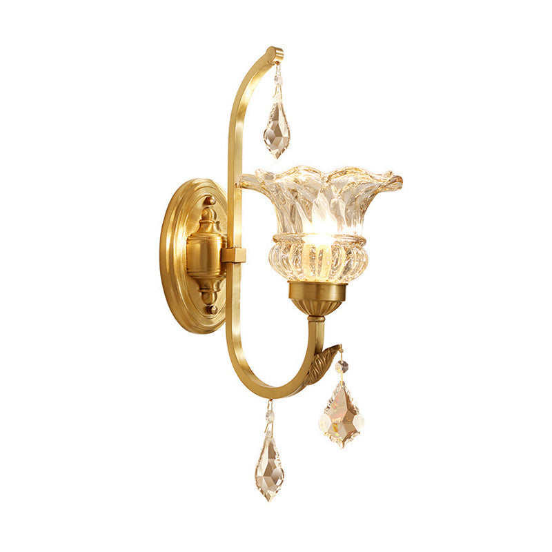 Gold Crystal Flared Wall Sconce With Twisted Arm For Dining Room