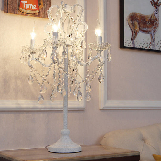 Rustic Candelabra Night Lamp With 4 Lights In White - Metal Nightstand Light K9 Crystal Strand