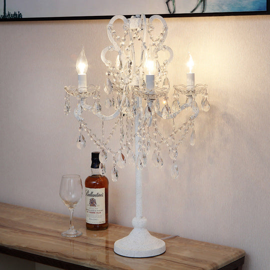 Rustic Candelabra Night Lamp With 4 Lights In White - Metal Nightstand Light K9 Crystal Strand