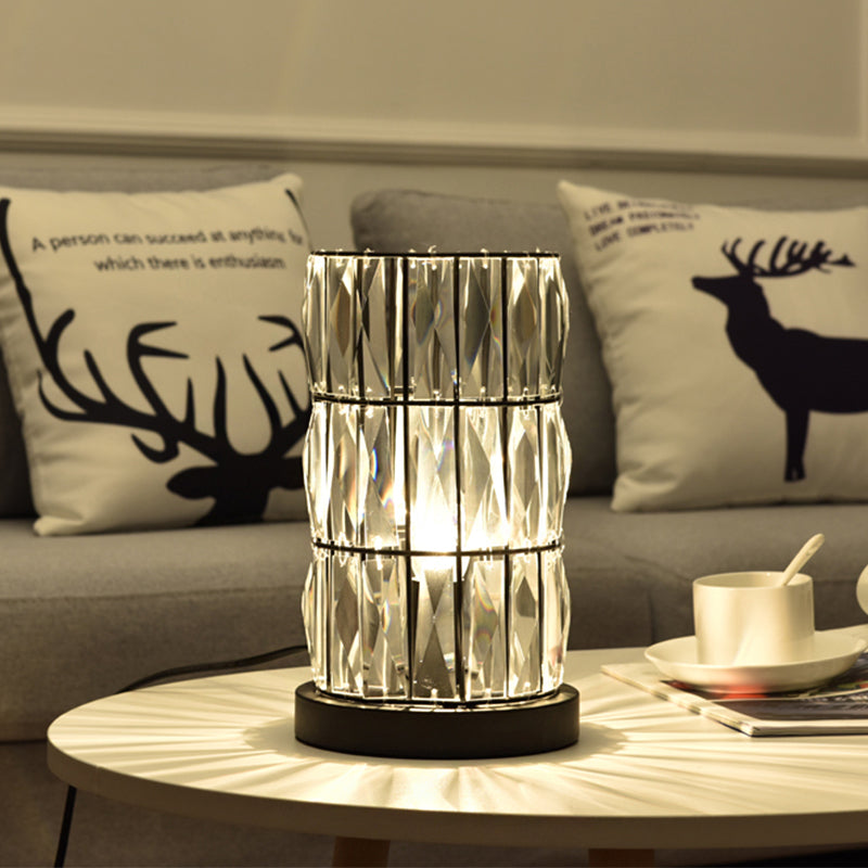 Contemporary Black Cylinder Night Lamp With Clear Crystal 1 Light For Living Room Nightstand