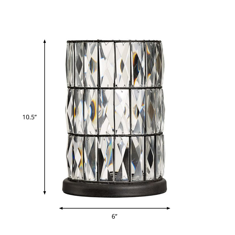 Contemporary Black Cylinder Night Lamp With Clear Crystal 1 Light For Living Room Nightstand