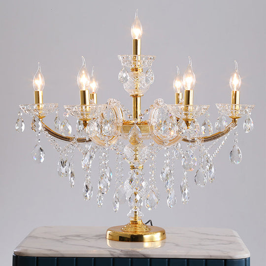 Traditional Gold Crystal Candelabra Table Lamp With 7 Bulbs - Elegant Nightstand Light For Bedroom