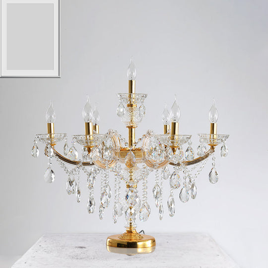 Traditional Gold Crystal Candelabra Table Lamp With 7 Bulbs - Elegant Nightstand Light For Bedroom