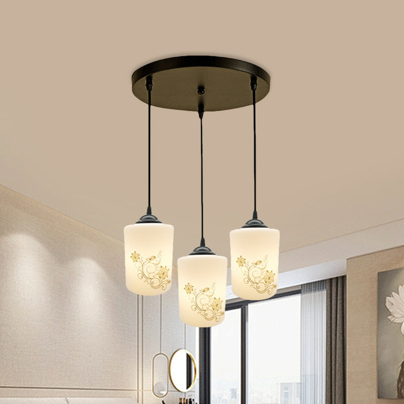 Modern White Printed Glass 3-Head Black Hanging Pendant - Cylinder Dining Room Multi Ceiling Light