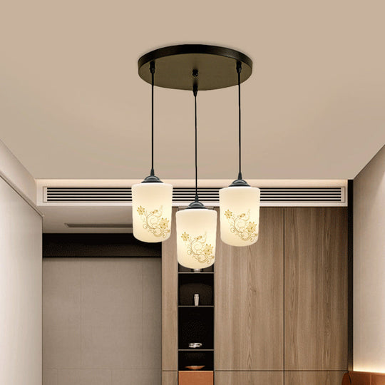 Modern White Printed Glass 3-Head Black Hanging Pendant - Cylinder Dining Room Multi Ceiling Light