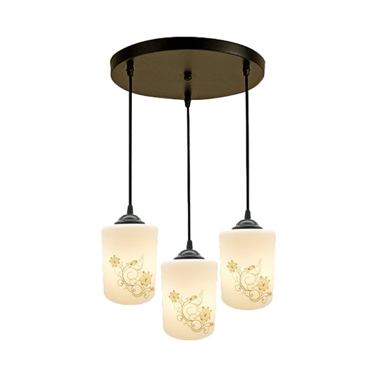 Modern White Printed Glass 3-Head Black Hanging Pendant - Cylinder Dining Room Multi Ceiling Light