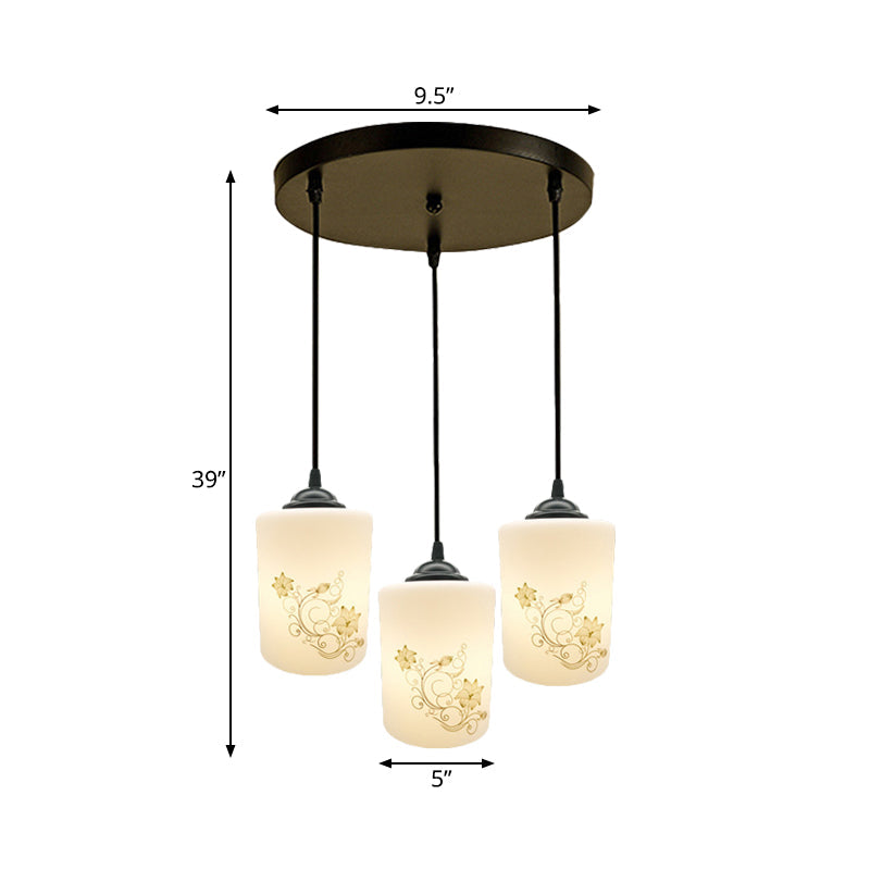 Modern White Printed Glass 3-Head Black Hanging Pendant - Cylinder Dining Room Multi Ceiling Light