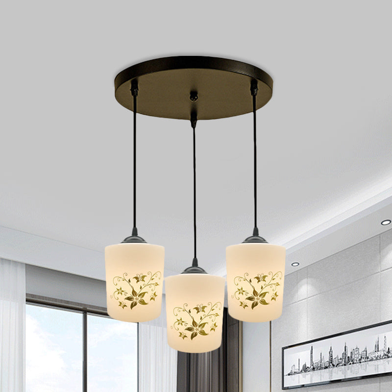 Modern White Printed Glass 3-Head Black Hanging Pendant - Cylinder Dining Room Multi Ceiling Light