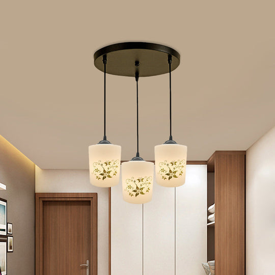 Modern White Printed Glass 3-Head Black Hanging Pendant - Cylinder Dining Room Multi Ceiling Light