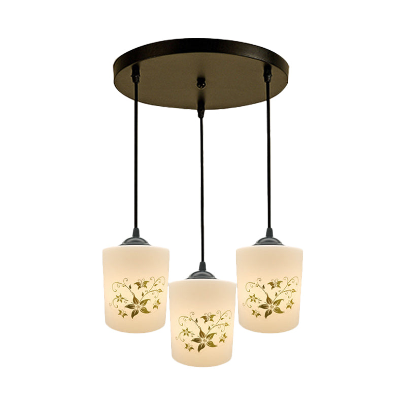 Modern White Printed Glass 3-Head Black Hanging Pendant - Cylinder Dining Room Multi Ceiling Light