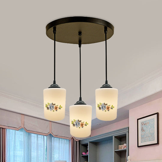 Modern White Printed Glass 3-Head Black Hanging Pendant - Cylinder Dining Room Multi Ceiling Light