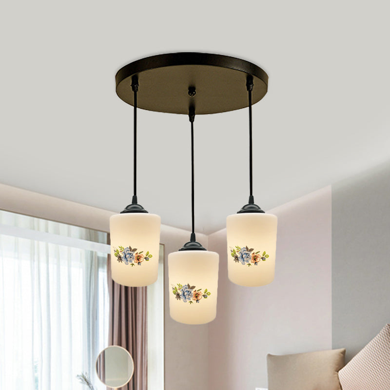 Modern White Printed Glass 3-Head Black Hanging Pendant - Cylinder Dining Room Multi Ceiling Light