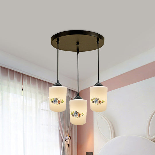 Modern White Printed Glass 3-Head Black Hanging Pendant - Cylinder Dining Room Multi Ceiling Light