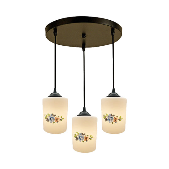 Modern White Printed Glass 3-Head Black Hanging Pendant - Cylinder Dining Room Multi Ceiling Light