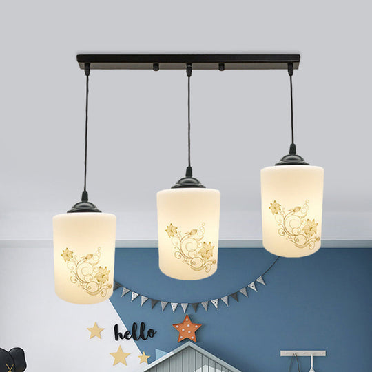 Modern White Printed Glass 3-Head Black Hanging Pendant - Cylinder Dining Room Multi Ceiling Light