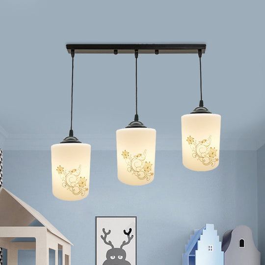 Modern White Printed Glass 3-Head Black Hanging Pendant - Cylinder Dining Room Multi Ceiling Light