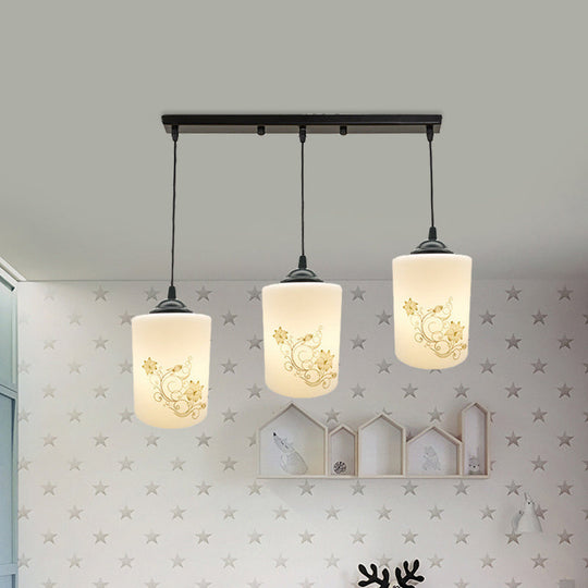 Modern White Printed Glass 3-Head Black Hanging Pendant - Cylinder Dining Room Multi Ceiling Light